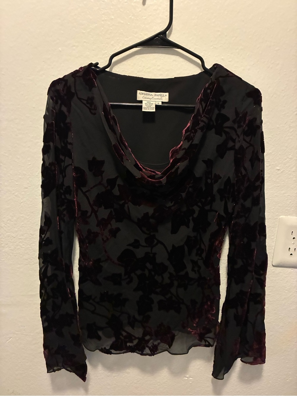 Adrianna Papell Black Top with Deep Burgundy Velvet Floral Burnout Silk Blend